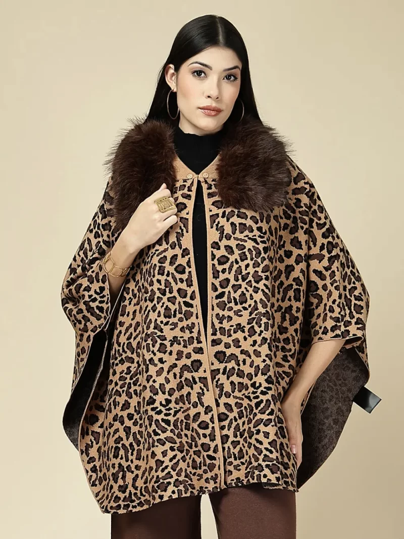 Leopard Print Cape With Faux Fur Ponchu