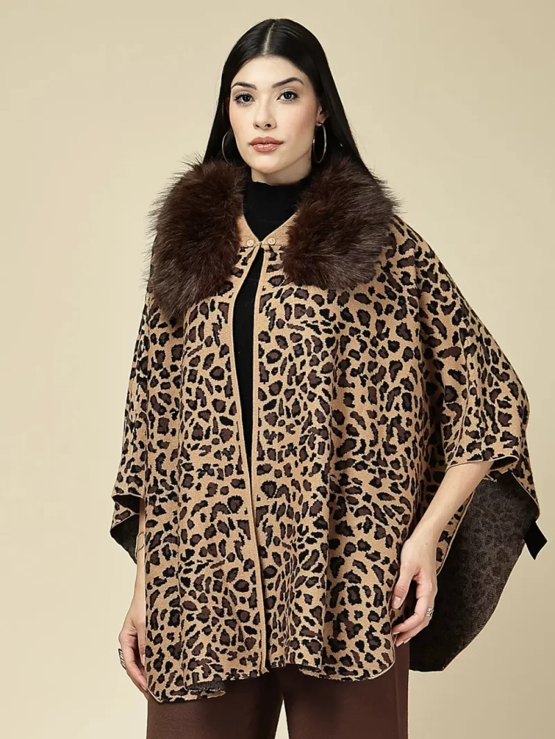 Leopard Print Cape With Faux Fur Ponchu