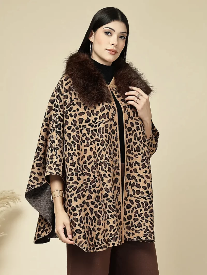 Leopard Print Cape With Faux Fur Ponchu