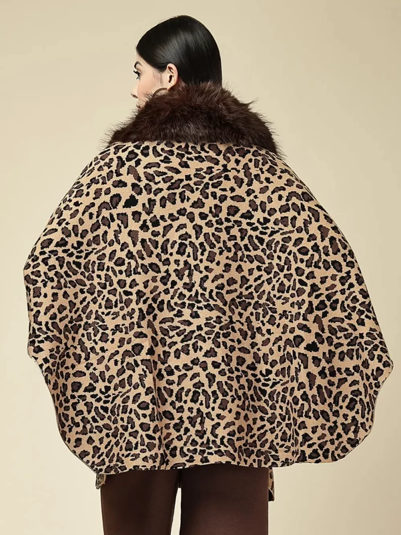 Leopard Print Cape With Faux Fur Ponchu
