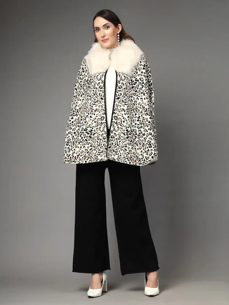 Leopard Print Cape With Faux Fur Ponchu