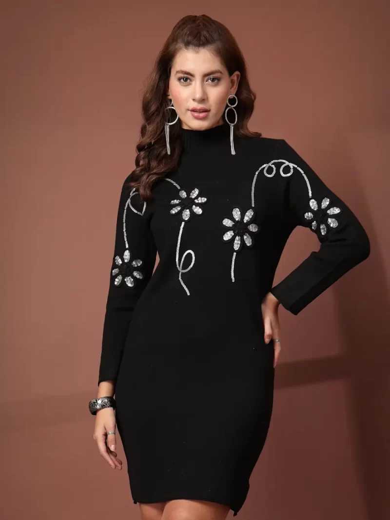 Mafadeny Women’S Embroidery High Neck Bodycon Dress In Soft Fabric