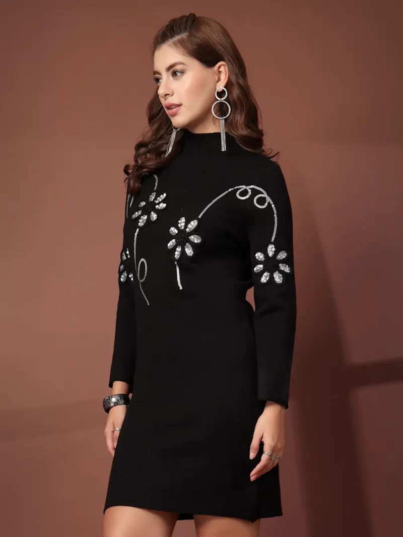 Mafadeny Women’S Embroidery High Neck Bodycon Dress In Soft Fabric