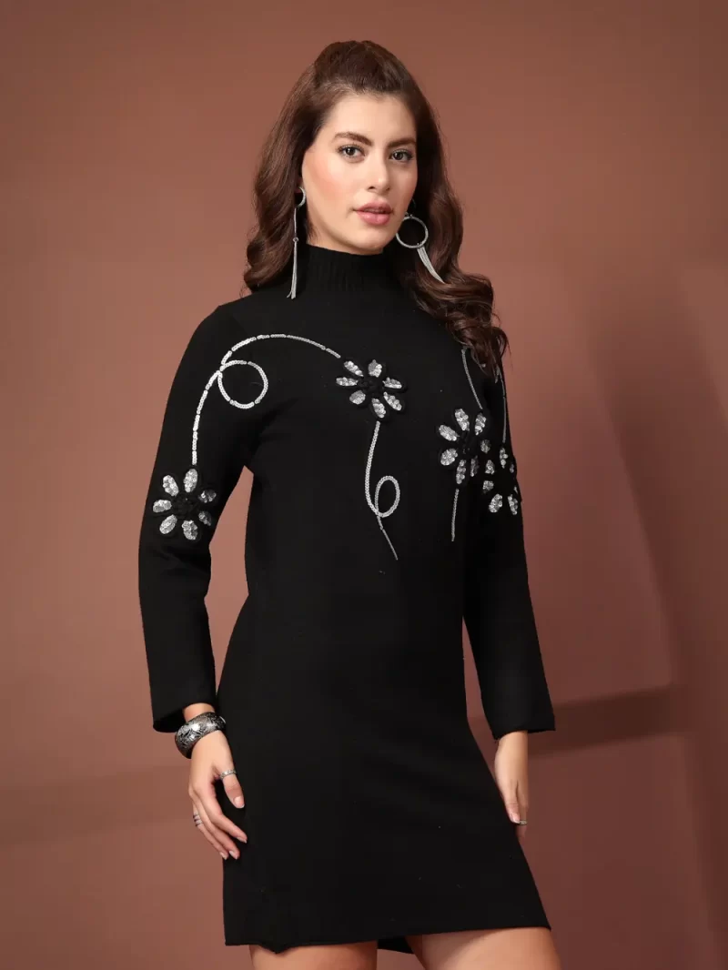 Mafadeny Women’S Embroidery High Neck Bodycon Dress In Soft Fabric