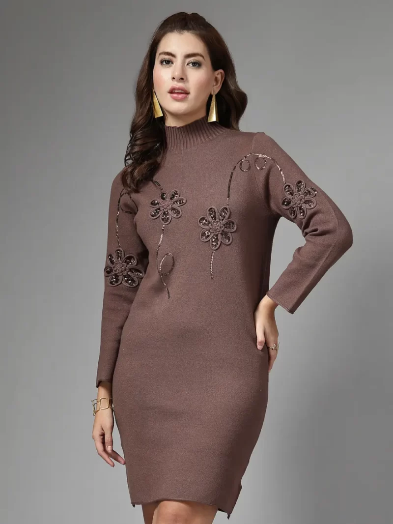 Mafadeny Women’S Embroidery High Neck Bodycon Dress In Soft Fabric