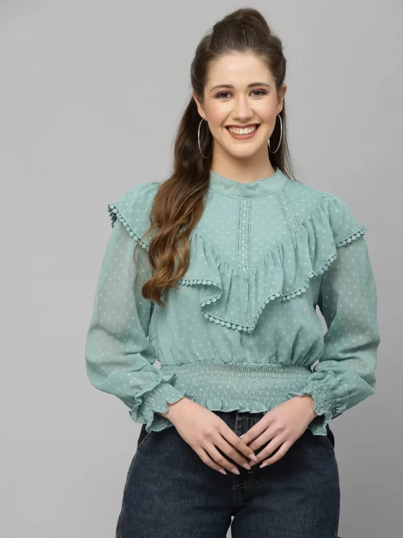 Women Georgette Puff Sleeve Ruffle Top