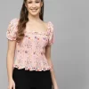 Floral Print Smocked Crop Top With Puff Sleeves