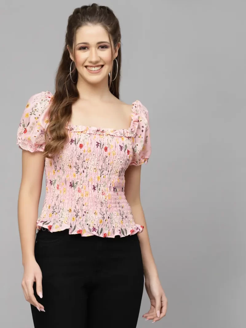Floral Print Smocked Crop Top With Puff Sleeves