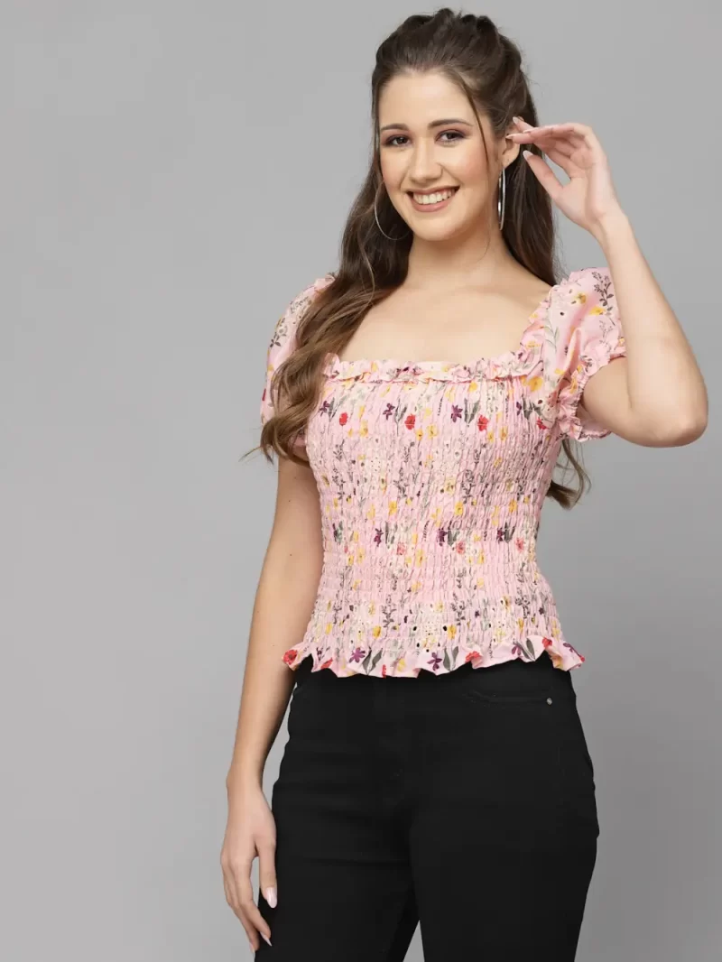Floral Print Smocked Crop Top With Puff Sleeves
