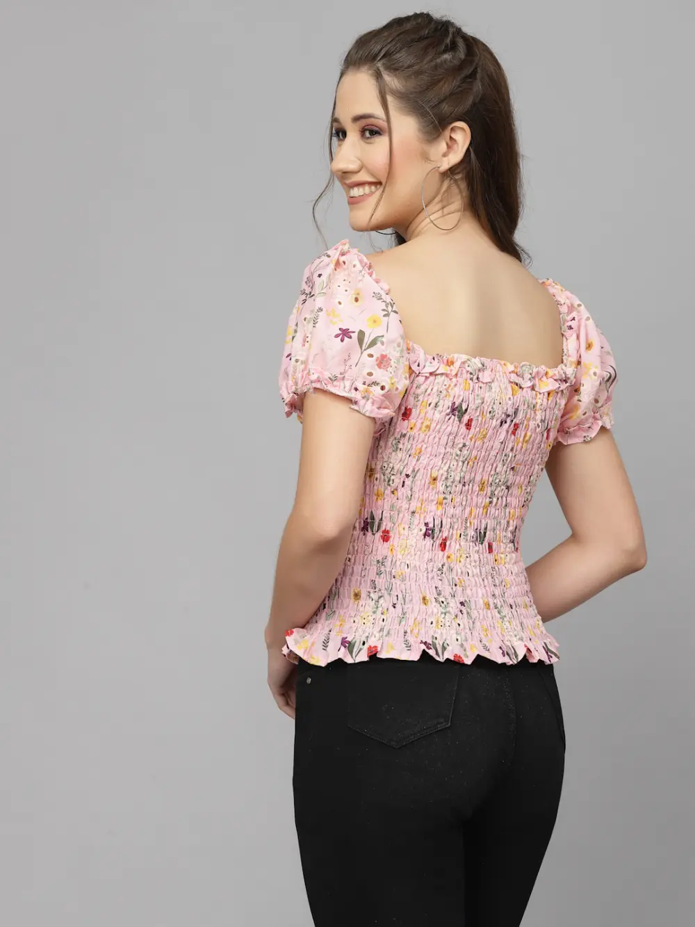 Floral Print Smocked Crop Top With Puff Sleeves