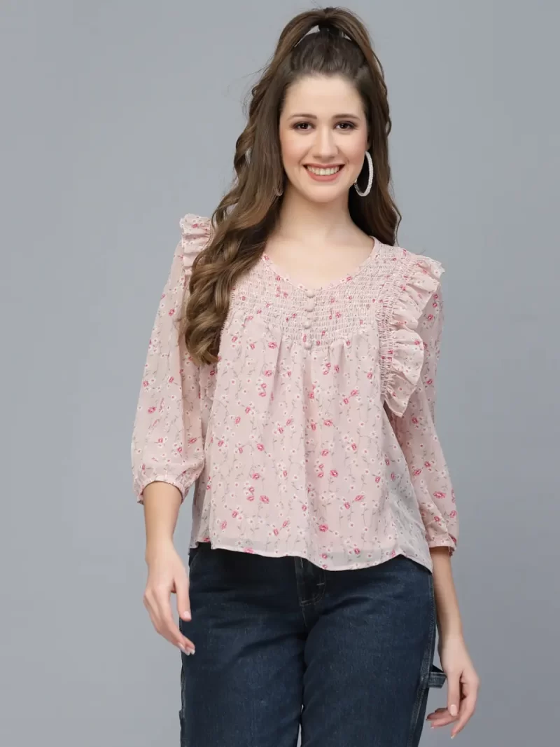 Women’S Floral Printed V-Neck Top With Ruffle Detail