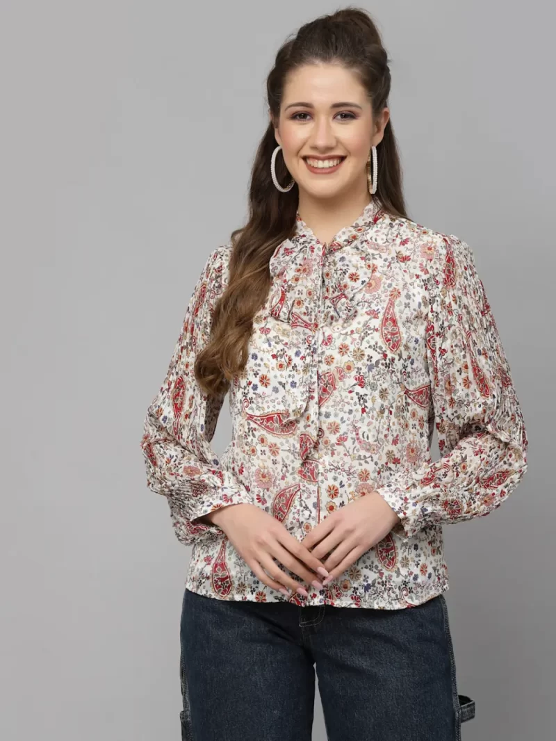 Soft Touch Printed Top With Bow Detail