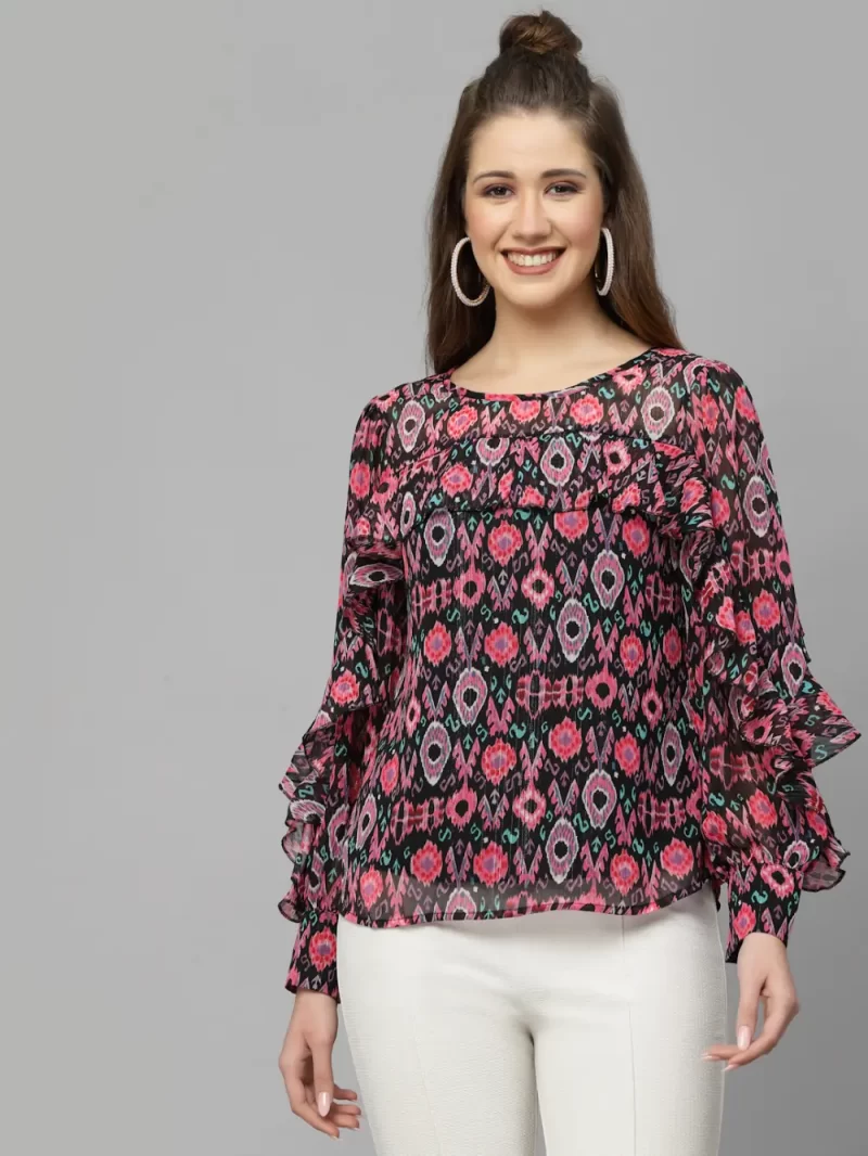 Women’S Printed Ruffle Detail Long Sleeve Top