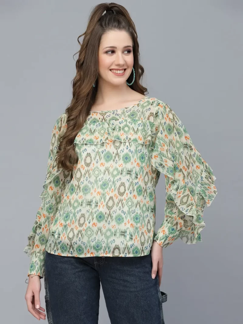 Women’S Printed Ruffle Detail Long Sleeve Top