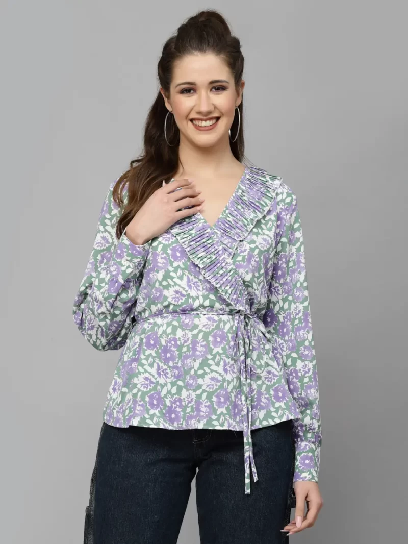 Women’S Floral Printed V-Neck Wrap Style Top