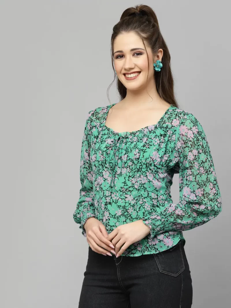 Elegant Floral Top With Square Neckline And Full Sleeves