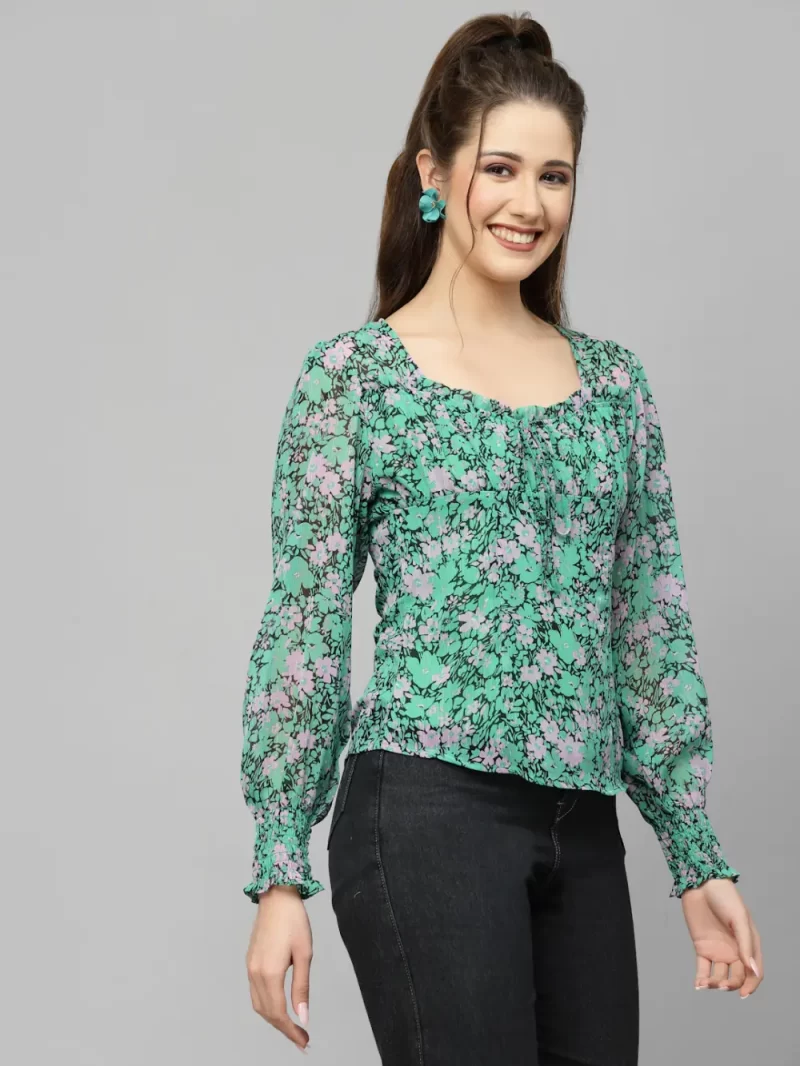 Elegant Floral Top With Square Neckline And Full Sleeves