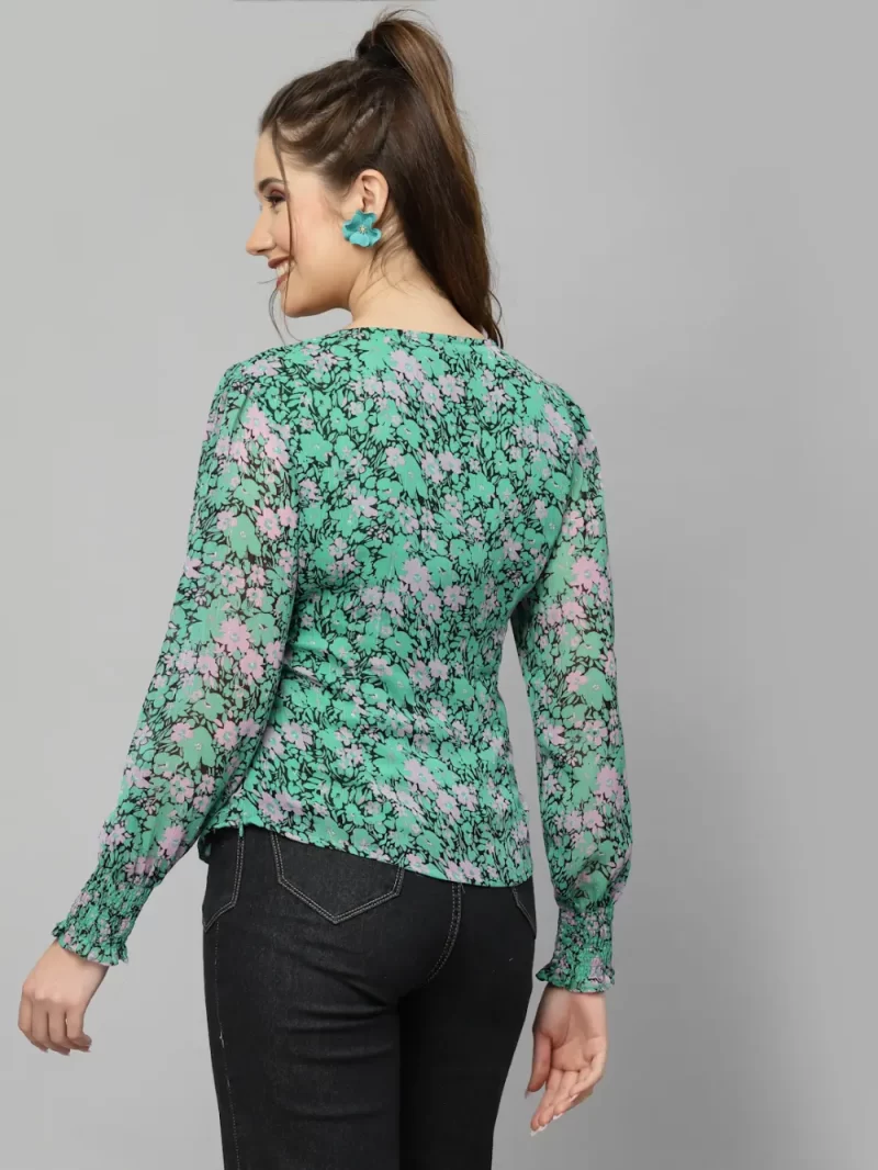 Elegant Floral Top With Square Neckline And Full Sleeves