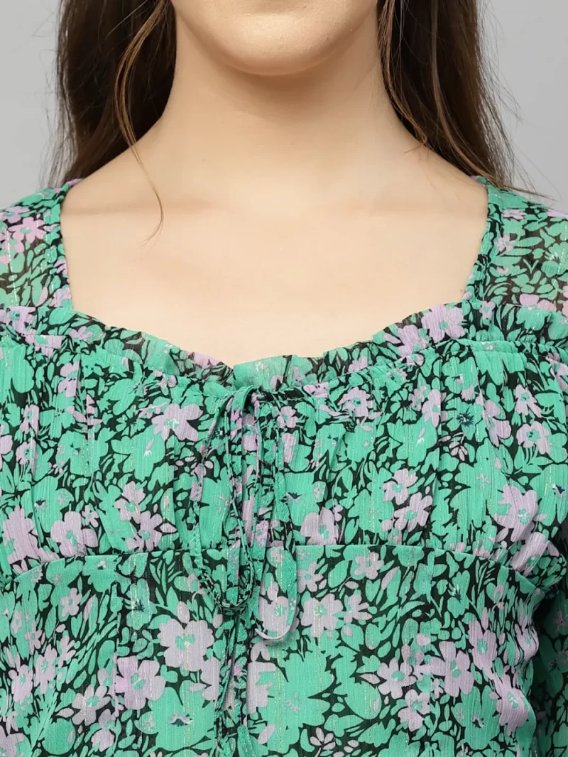 Elegant Floral Top With Square Neckline And Full Sleeves
