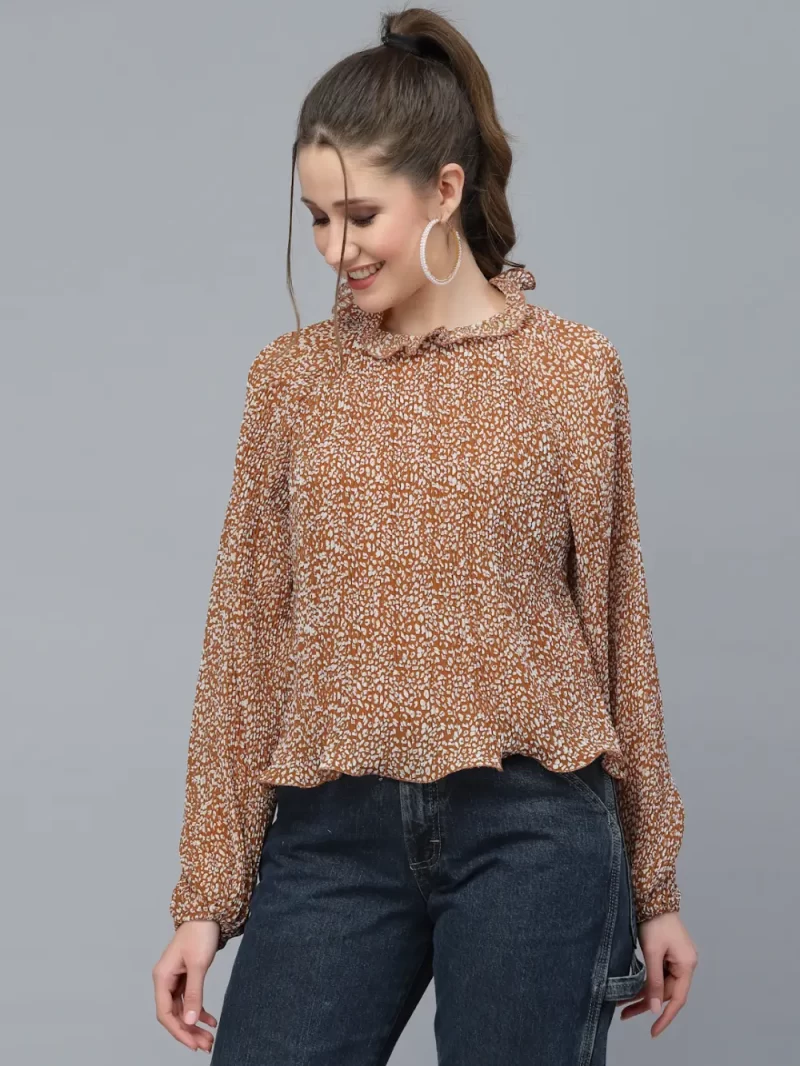 Women’S Ruffle Neck Printed Long Sleeve Top