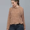 Women’S Ruffle Neck Printed Long Sleeve Top