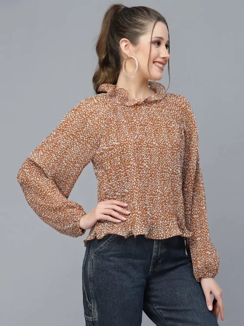 Women’S Ruffle Neck Printed Long Sleeve Top