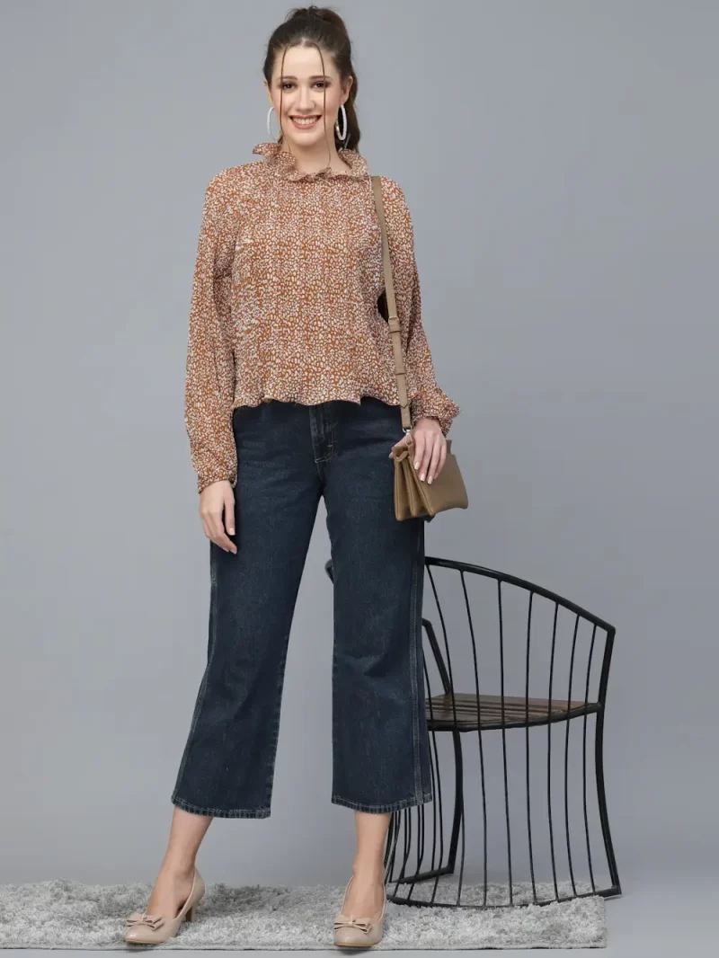 Women’S Ruffle Neck Printed Long Sleeve Top