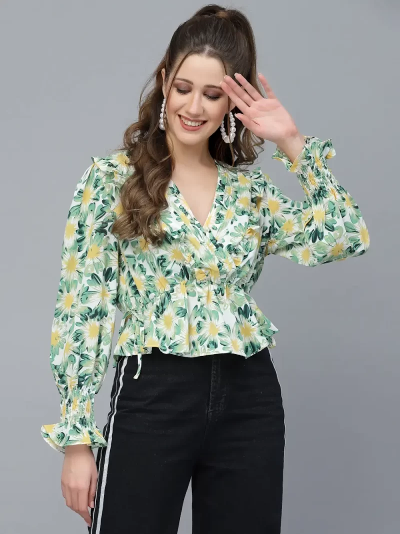 Printed Long Sleeve Top With Tie-Up Waist