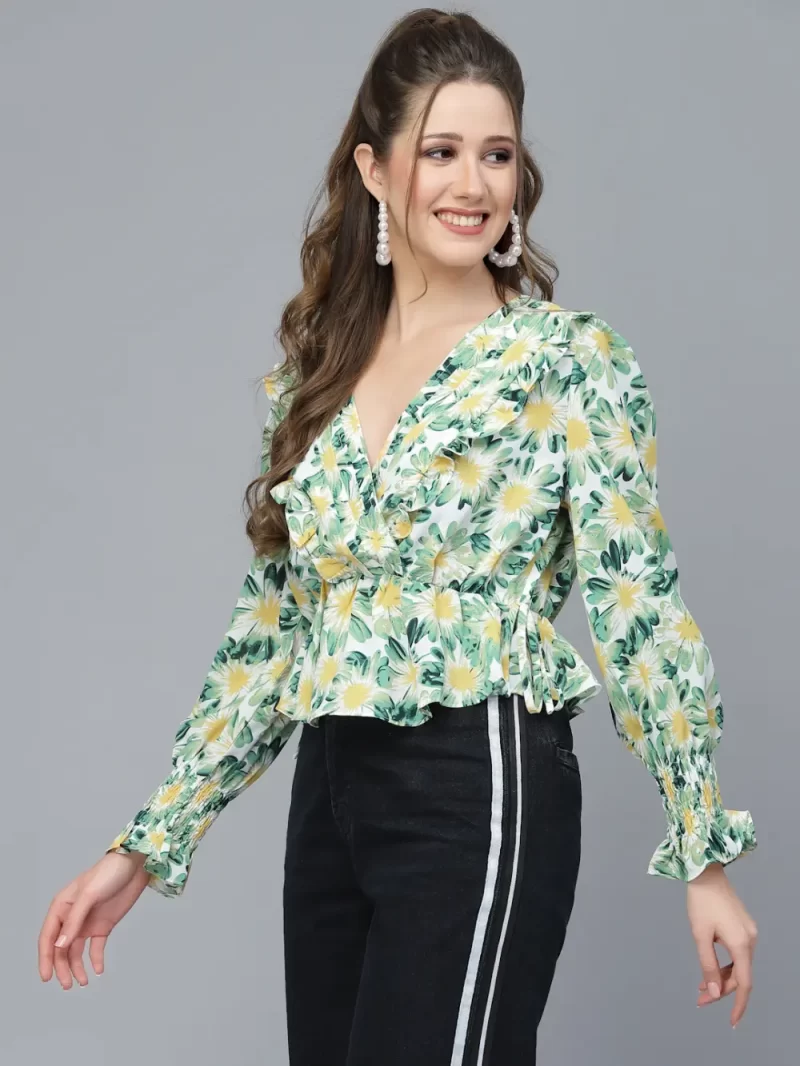 Printed Long Sleeve Top With Tie-Up Waist