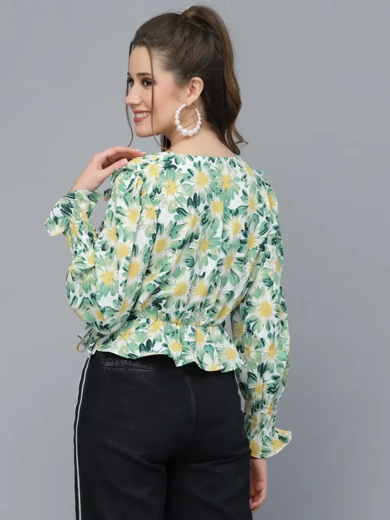 Printed Long Sleeve Top With Tie-Up Waist