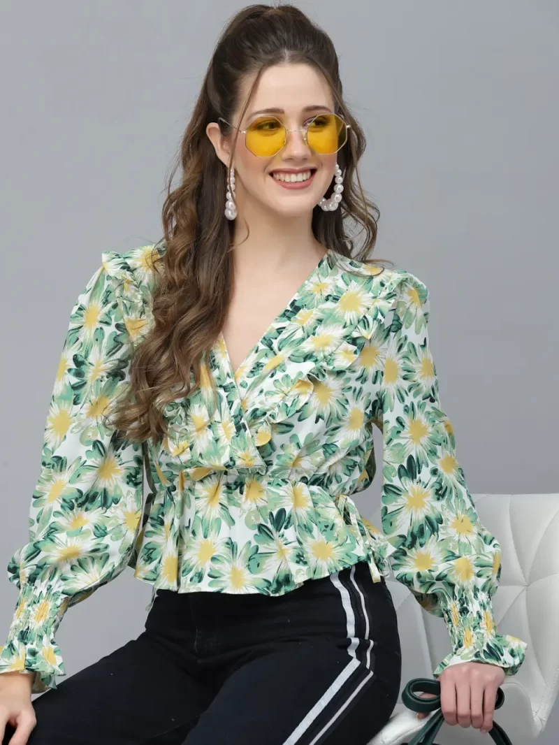 Printed Long Sleeve Top With Tie-Up Waist