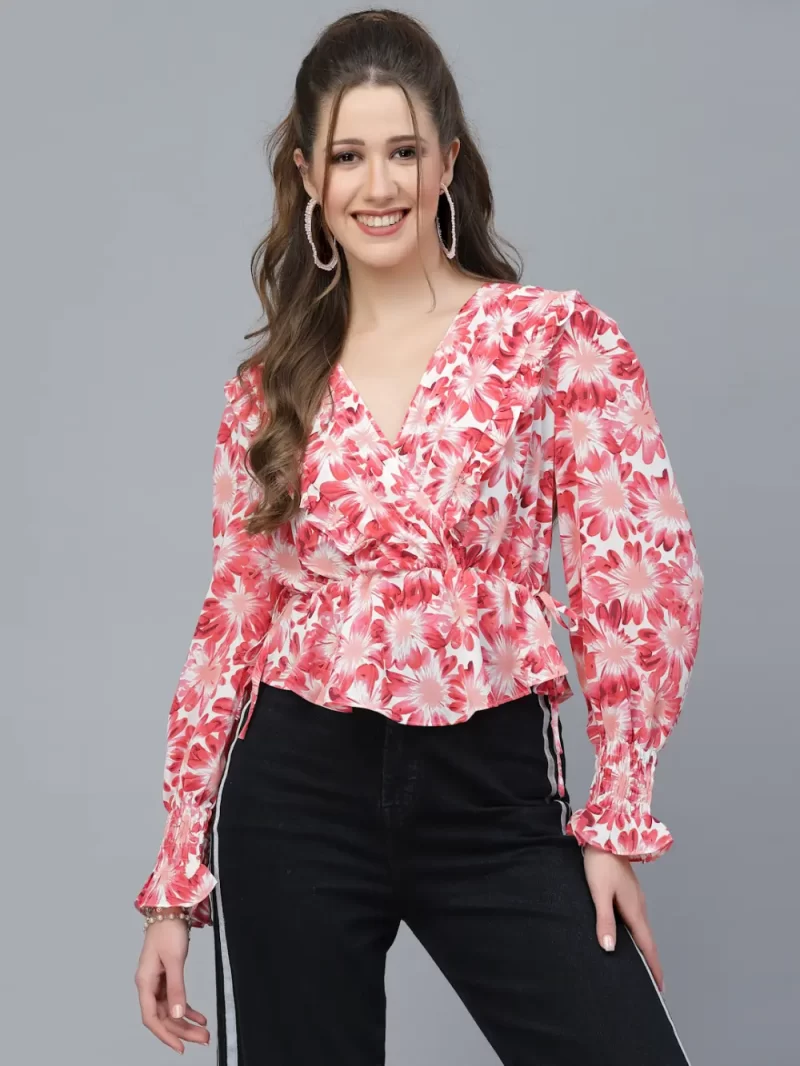 Printed Long Sleeve Top With Tie-Up Waist