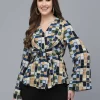 Printed Peplum Style Top With Front Tie And V-Neck