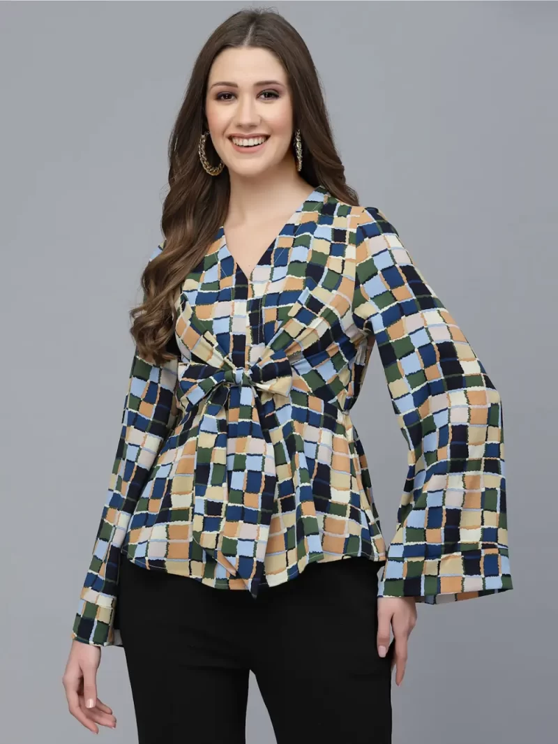 Printed Peplum Style Top With Front Tie And V-Neck