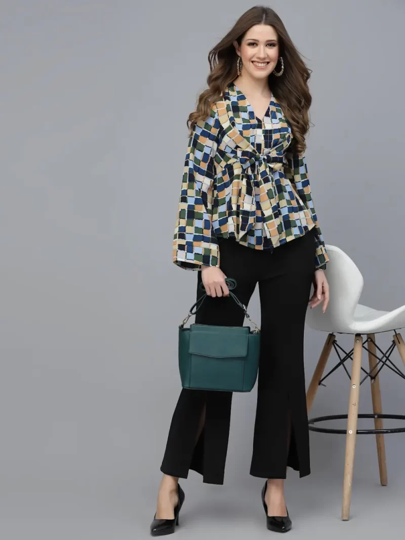 Printed Peplum Style Top With Front Tie And V-Neck