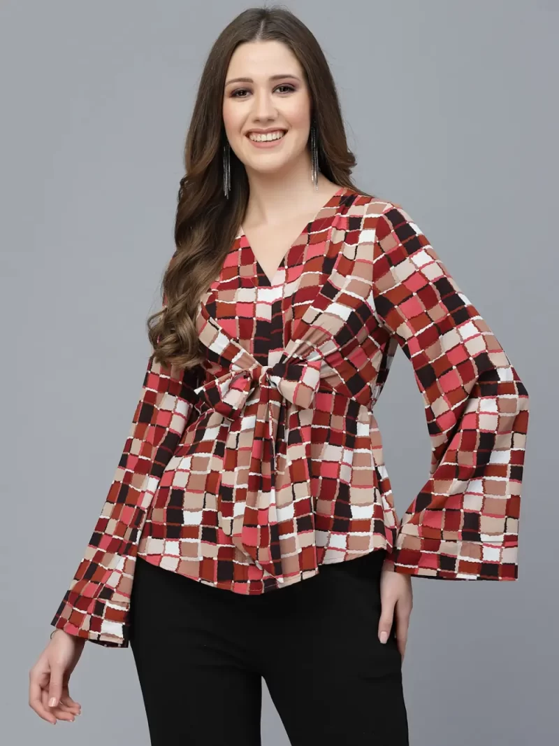 Printed Peplum Style Top With Front Tie And V-Neck