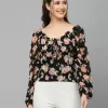 Women’S Floral Crop Top With Square Neck And Long Sleeves