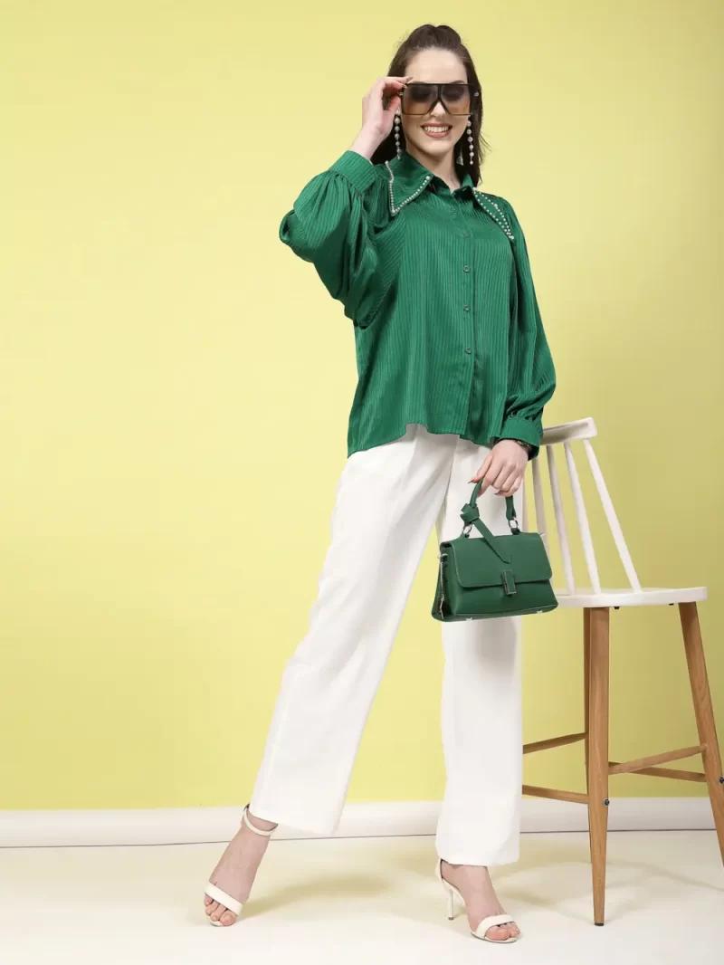 Women’S Collared Neck Pearl Detail Top