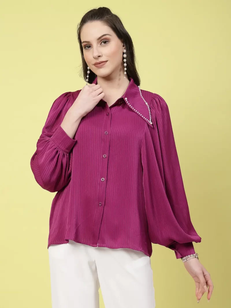 Women’S Collared Neck Pearl Detail Top