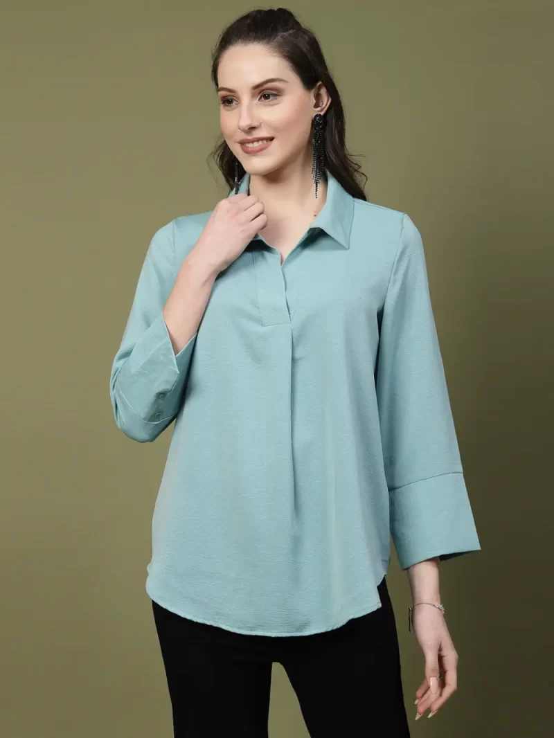 Women’S Solid Collared 3/4 Sleeve Top