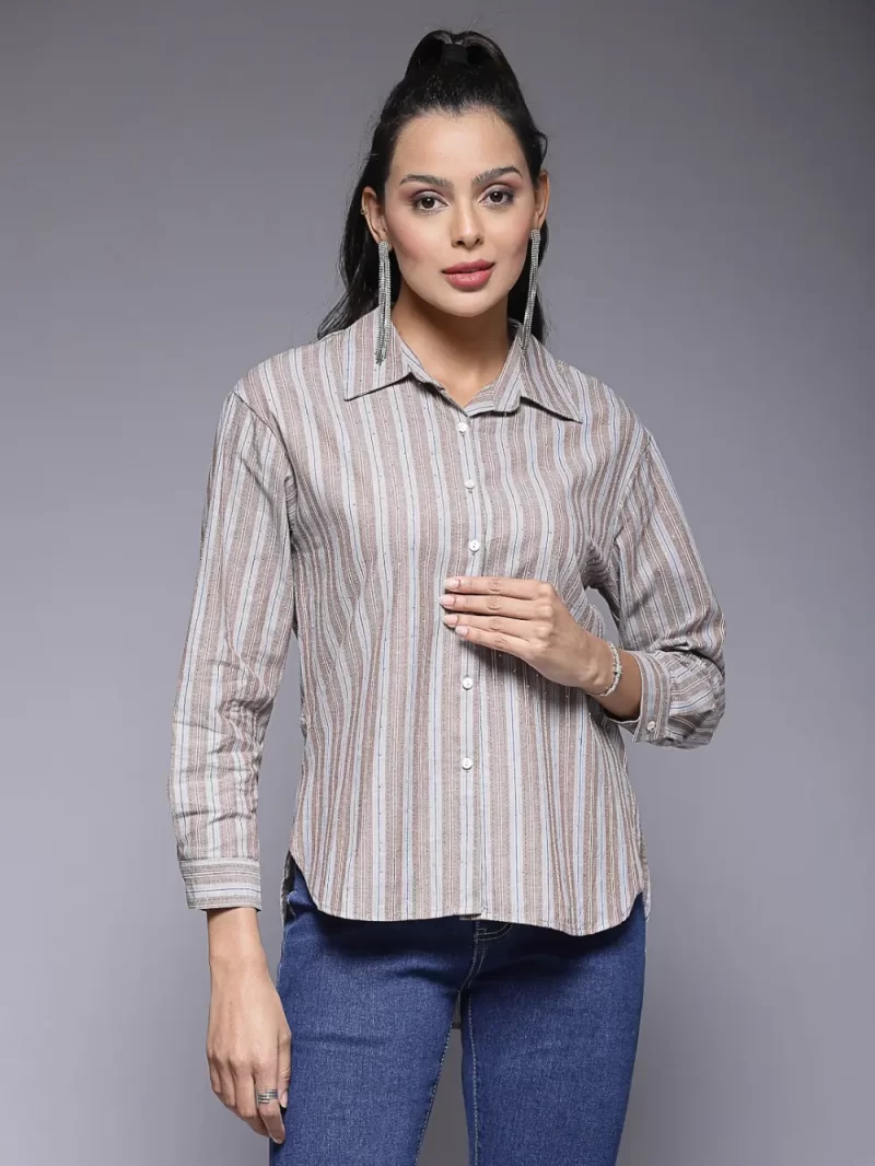 Striped Button-Down Shirt With Collared Neck And Long Sleeves