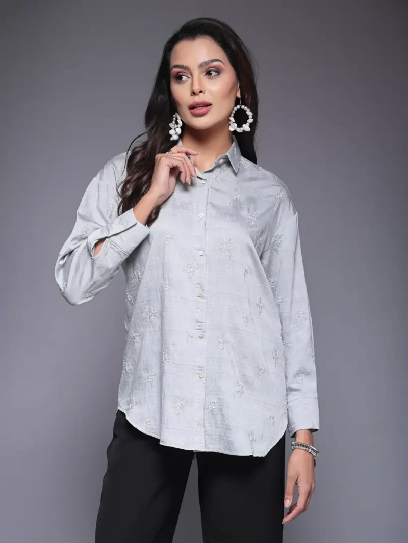 Embroidered Shirt With Collared Neck And Long Sleeves