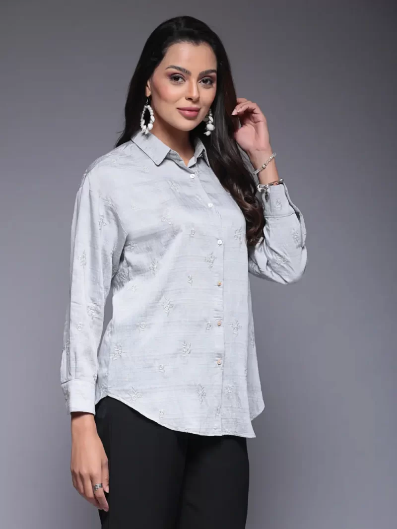Embroidered Shirt With Collared Neck And Long Sleeves