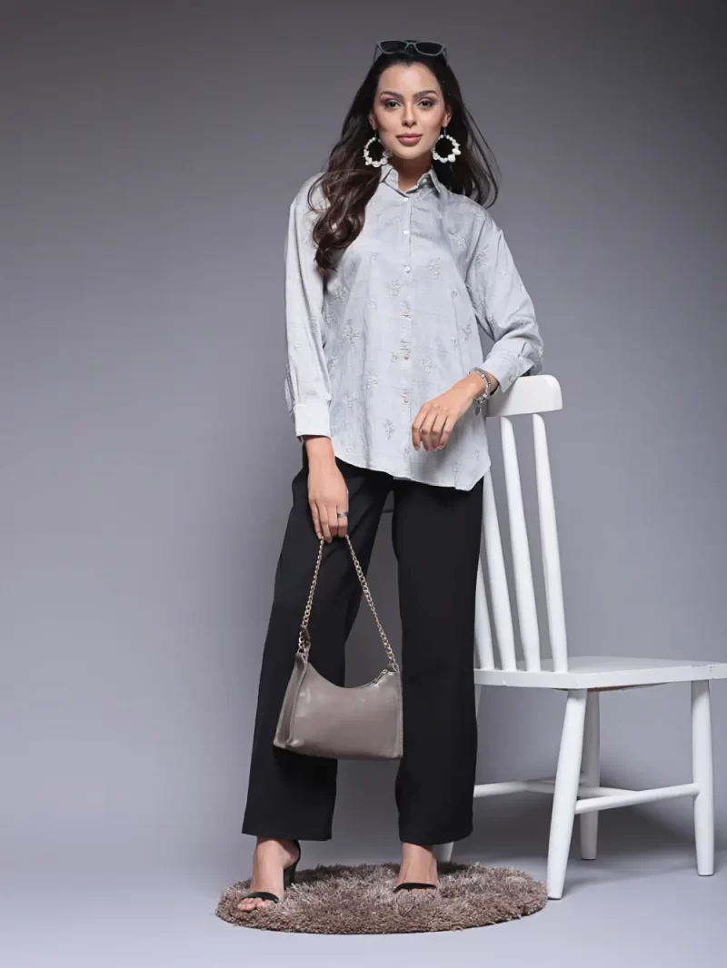 Embroidered Shirt With Collared Neck And Long Sleeves