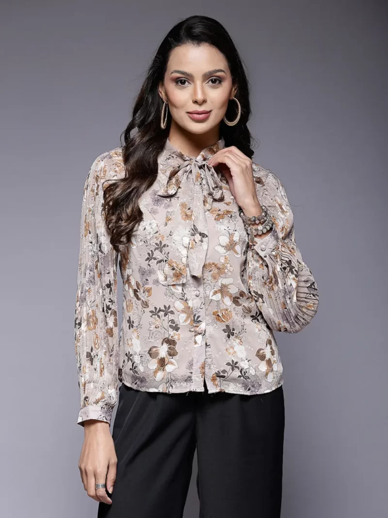 Women'S Floral Button-Down Shirt With Bow Neck Detail