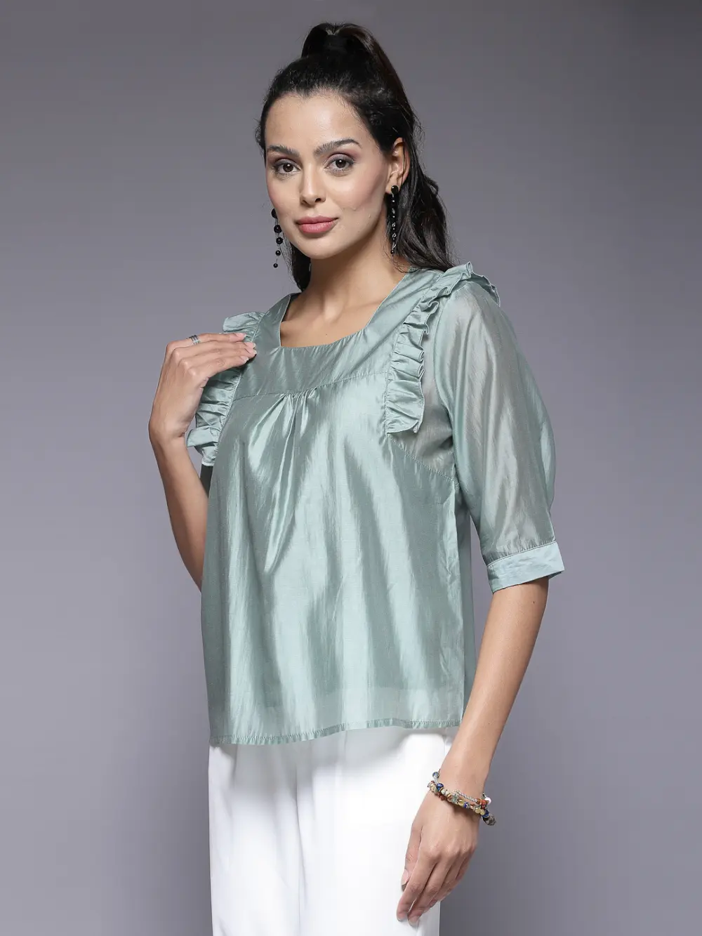 Ruffle Detail Top With Square Neckline