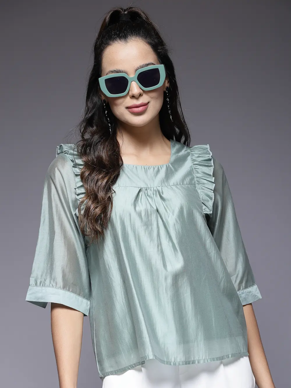 Ruffle Detail Top With Square Neckline