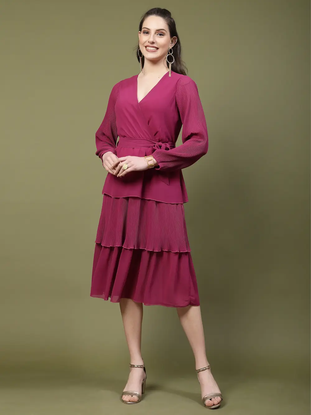 Classic V-Neck Wrap Dress With Layered Skirt And Pleated Sleeves