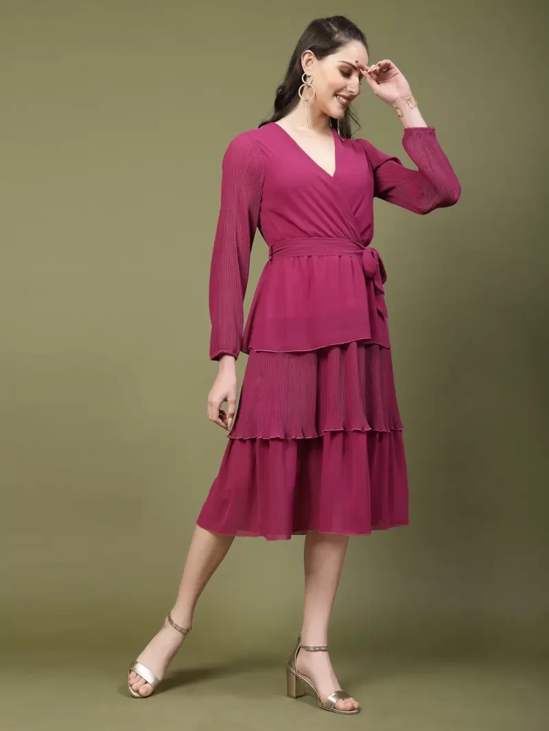 Classic V-Neck Wrap Dress With Layered Skirt And Pleated Sleeves