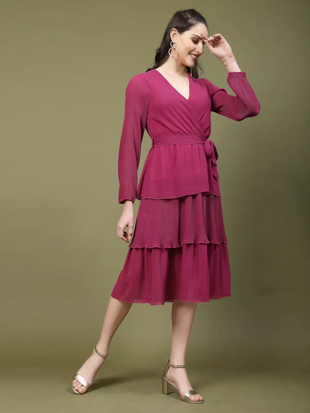 Classic V-Neck Wrap Dress With Layered Skirt And Pleated Sleeves